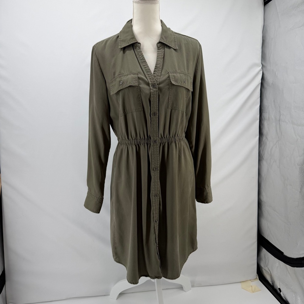 Style & Co Womens Olive Green Utility Shirt Dress Long Sleeve Elastic Waist M